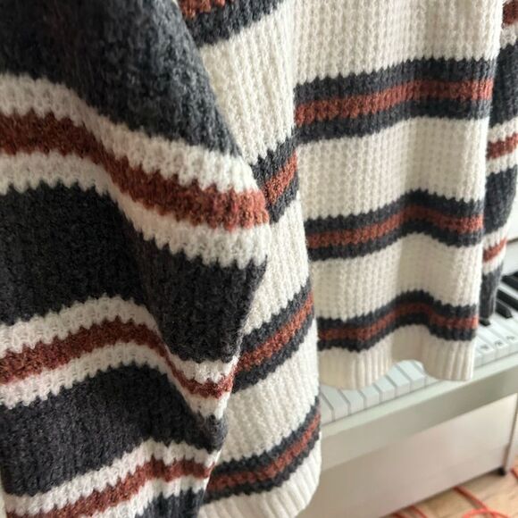 American Eagle Outfitters Striped Crew Neck Sweater - White, Gray, Brown XS - Picture 12 of 16